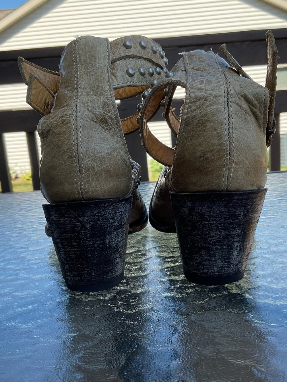 Beige Studded Leather Pointed-Toe Ankle-Strap Heels By Old Gringo - Picture 4 of 8